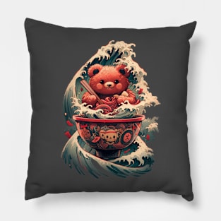 Cute bear eating ramen, waves Pillow