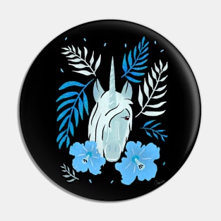 Unicorn and Blue Hibiscus Flower and Tropical Leaves Pin