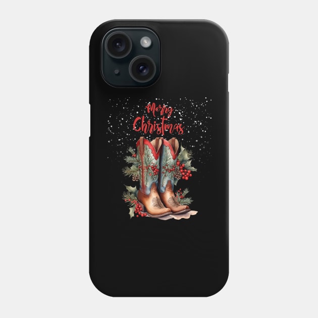 Merry Christmas, Christmas gifts and cowgirl boots, mistletoe branches, hawthorn and pine branches with pine cones Phone Case by Collagedream