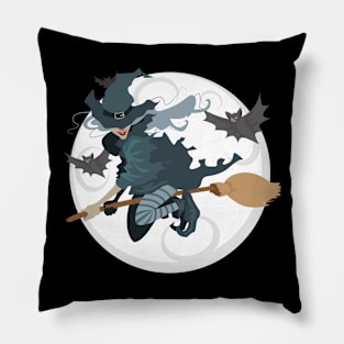 Halloween Witch Flying With Bats Pillow