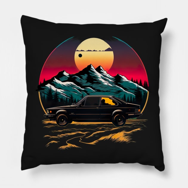 Vintage classic car in mountain roads during sunset Pillow by UmagineArts