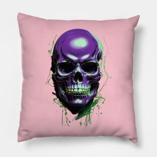 Chic Urban Interpretation: Green and Violet Skull Aesthetic Artwork for Halloween Pillow