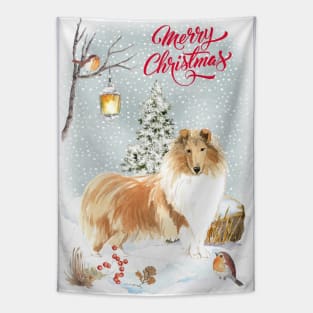 Rough Collie Dog Merry Christmas Santa Dog Tapestry