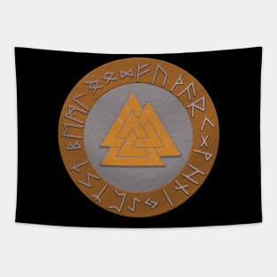 Vikings Distressed Valknut and Runes Golden and Silver Tapestry