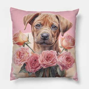 Puppy with pink rose, Valentine Pillow