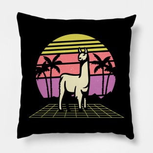 retro llama with 80s sunset background Pillow