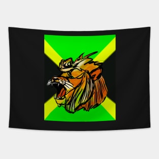 Conquering lion on the Jamaican flag, in black green and gold - Jamaica Tapestry