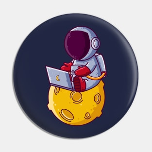 Cute Astronaut Working with Laptop on Moon Cartoon Pin