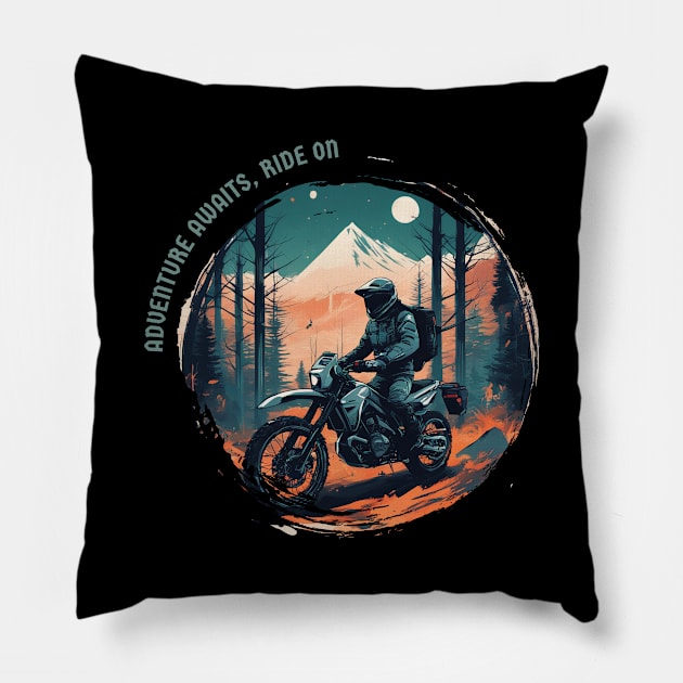 Adventure awaits, ride on motorcycle Pillow by Bikerkulture