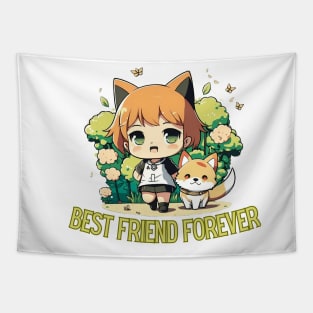 Chibi Companions: Girl and Shiba Inu in Anime Style Tapestry