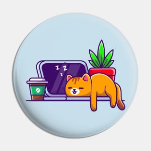 Cute Cat Sleeping On Laptop With Coffee Cartoon Pin