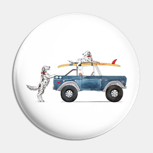 Ford Bronco with English Setters and Surfboards. Pin