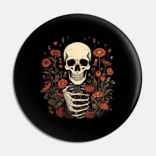 Skull with flowers, red flowers Pin