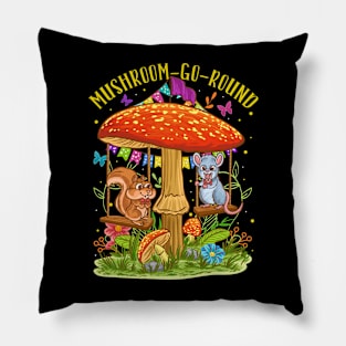 Cute Mushroom Go Round Squirrel Mouse Whimsical Art Pillow