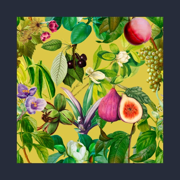 Vibrant tropical floral leaves and fruits floral illustration, botanical pattern, tropical plants, Yellow fruit pattern over a by Zeinab taha