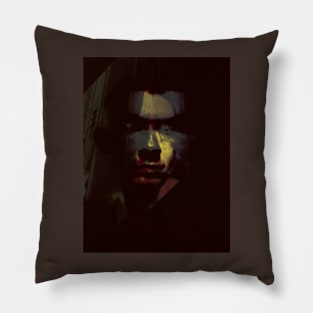 Portrait, digital collage and special processing. Man face. Very weird. Dim, some blood, glowing eyes. Pillow