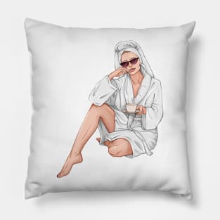 Beautiful woman with cup of tea in white spa robe Pillow