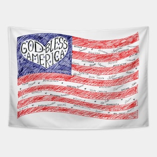 God bless America, American Flag heart, hand drawn  illustration Tapestry