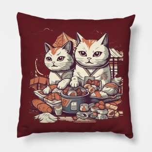 Comic cats eat sweet pastries Pillow