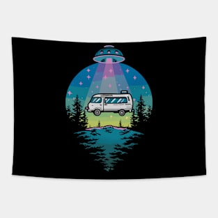 Funny UFO Abduction Camper And Flying Saucer Retro Design Tapestry