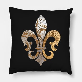 Fleur de Lis, Faux Silver+Gold Damask Pillow