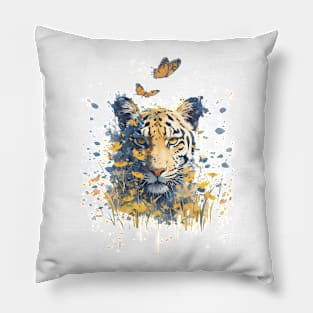 tiger in the grass with flowers and butterflies Pillow