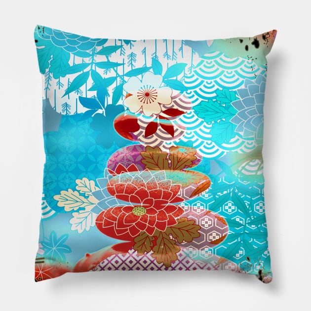 Japan Zen Buddhism Balancing Stones Rocks Cherry Blossom Collage Art 100 Pillow by dvongart