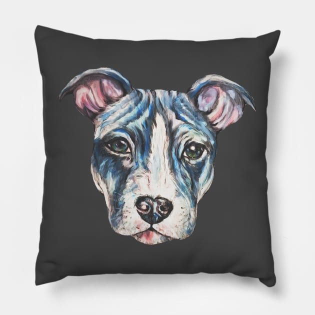 Blue Pitbull Face Pillow by candimoonart