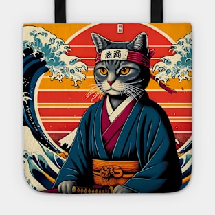 Vaporwave Samurai Cat Great Wave Off Kanagawa Tote