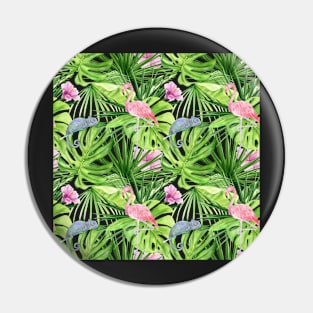 Tropical Jungle Pattern with Flamingos and Chameleons Pin