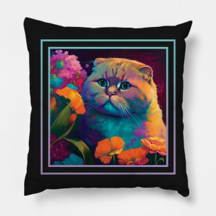 Humble Scottish Fold Cat Vibrant Tropical Flower Digital Oil Painting Portrait Pillow