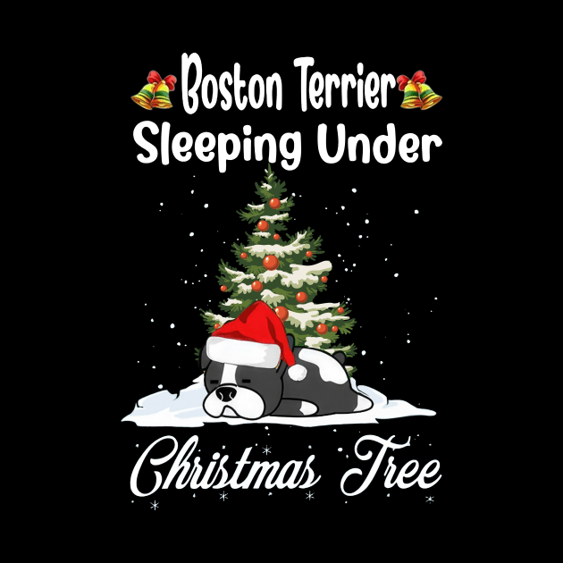 Boston Terrier Sleeping Under Christmas Tree Funny Xmas by PlumleelaurineArt