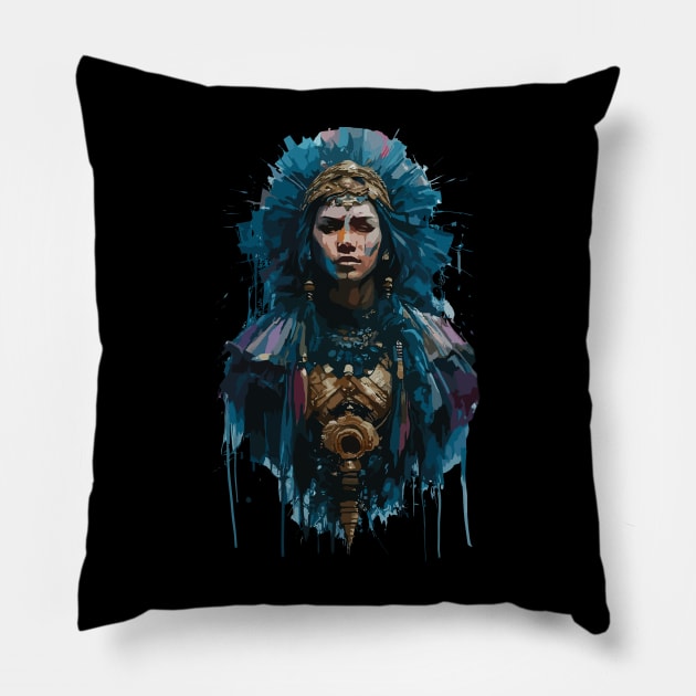 Mayan God in Costume with Mask in Ink Painting Style Pillow by diegotorres