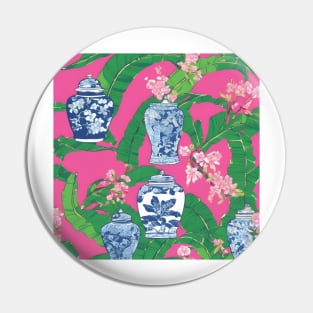 Chinoiserie jars, leaves and cherry blossom on hot pink Pin