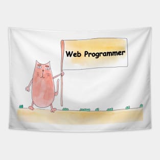 Web Programmer. Profession, work, job. Cat shows a banner with the inscription. Watercolor illustration. A gift for a professional Tapestry