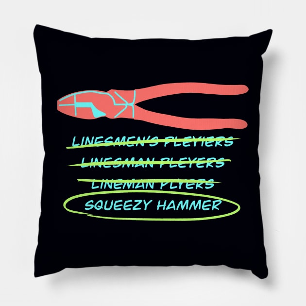 Electrician Tools Humor Lineman’s Pliers Squeezy Hammer Pillow by The Trades Store