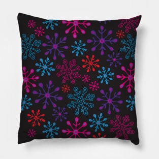 SNOWFLAKES Christmas Xmas Winter Holidays in Non-Traditional Fuchsia Pink Purple Blue Red on Black - UnBlink Studio by Jackie Tahara Pillow