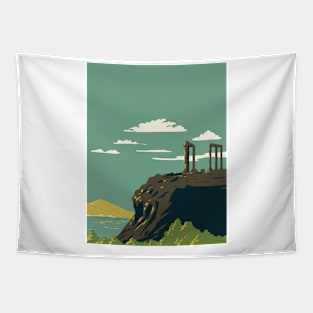 Cape Sounion with Temple of Poseidon Ruins Greece WPA Art Deco Poster Tapestry