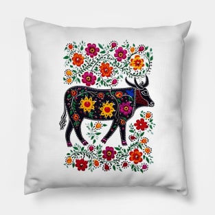 Polish Folk Art Design Cute Cow With Flowers Pillow