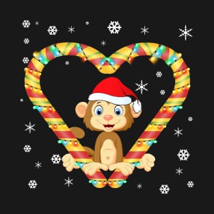 Cute Monkey Candy Cane Heart Funny Christmas Light Gift T-Shirt