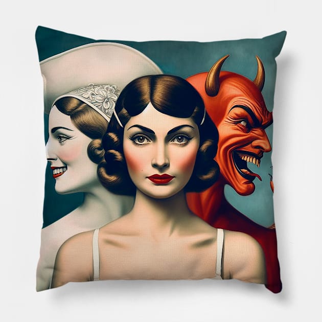 Girl undecided between good and evil, after all, am I good or am I bad? Pillow by Marccelus