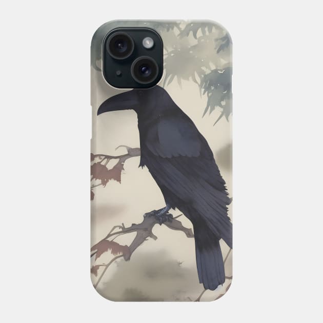 Japanese Raven painting, sumi-e ink brush Phone Case by Ravenglow