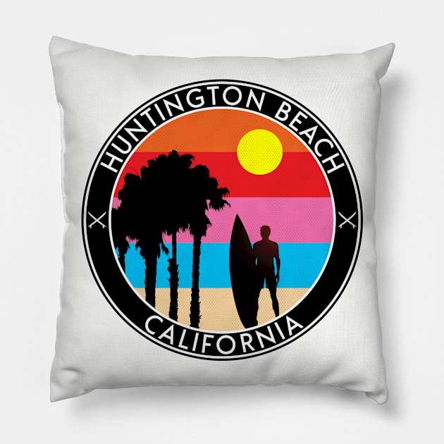 HUNTINGTON BEACH CALIFORNIA SURFING SURFER PALM TREES OCEAN VACATION Pillow by heybert00