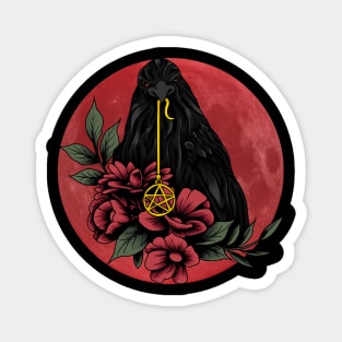 Black Crow With Flowers and Red Moon in a Mystical Landscape Magnet