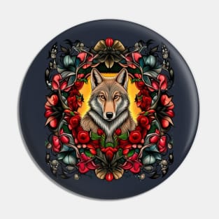 North Dakota Coyote Surrounded By Prairie Rose Tattoo Art Pin