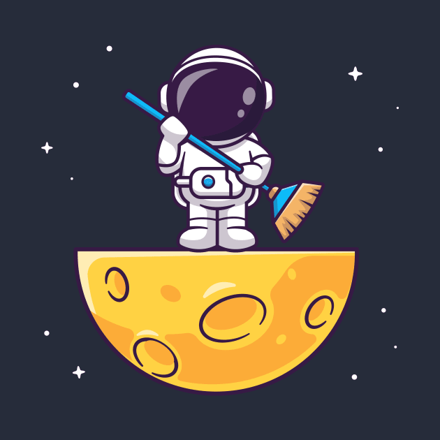 Cute Asronaut Holding Broom On Moon Cartoon by Catalyst Labs