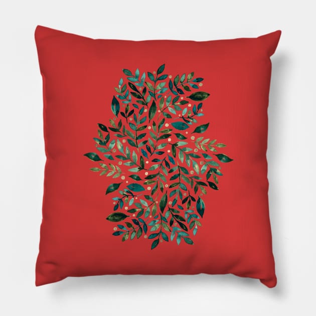 Seasonal branches and berries - green and gold on red Pillow by wackapacka