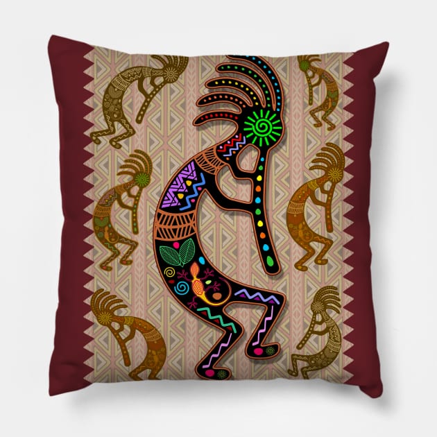 Kokopelli Rainbow Colors on Tribal Pattern 2 Pillow by BluedarkArt