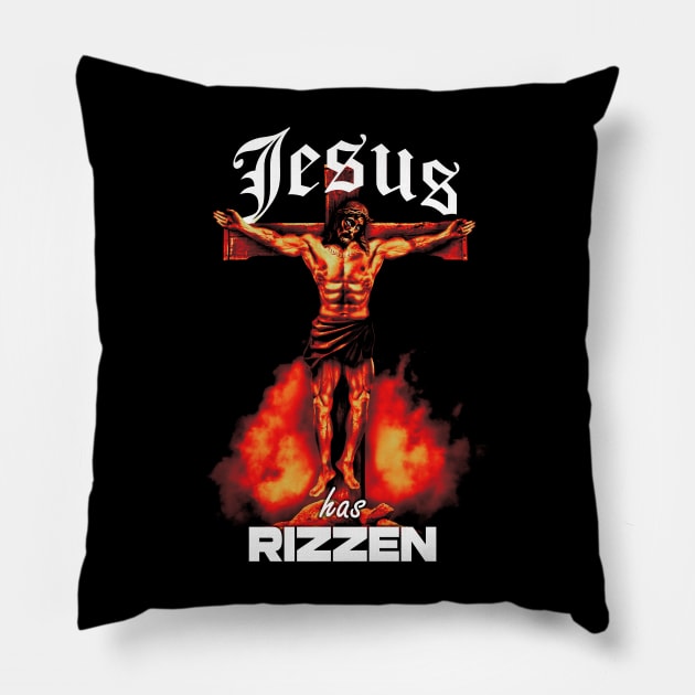 Jesus Has RIZZen Meme Buff Jesus Funny Graphic Design Pillow by PW Design & Creative