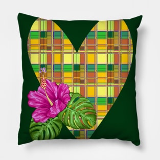 Caribbean Heart and Hibiscus Madras Tartan Fabric Pillow